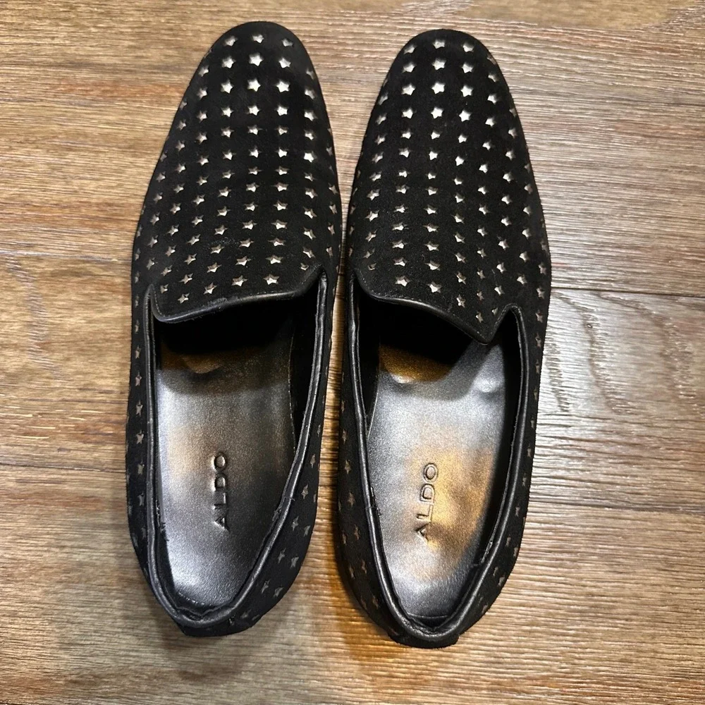 ALDO Mens Black Suede Star Perforated Slip‎ On Loafers Size 8 Dress Shoes